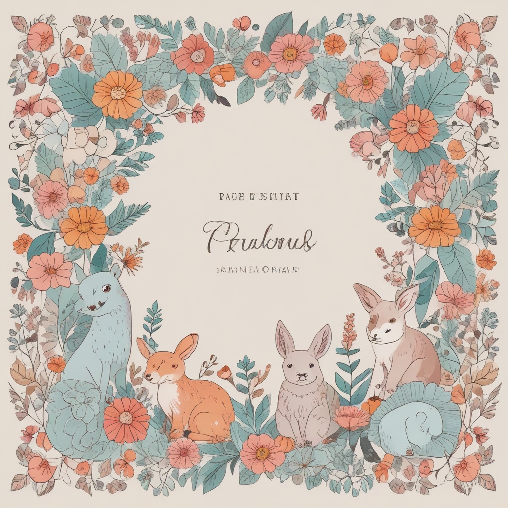 Illustrated floral frame with cute animals