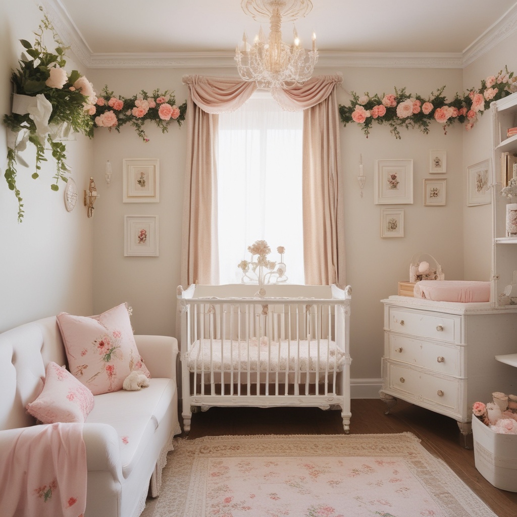 Shabby chic nursery with floral decorations